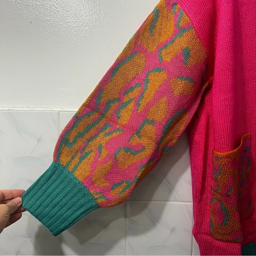 Umgee S Open Front Cardigan Duster Oversized 90s Retro Animal Print Pink Teal